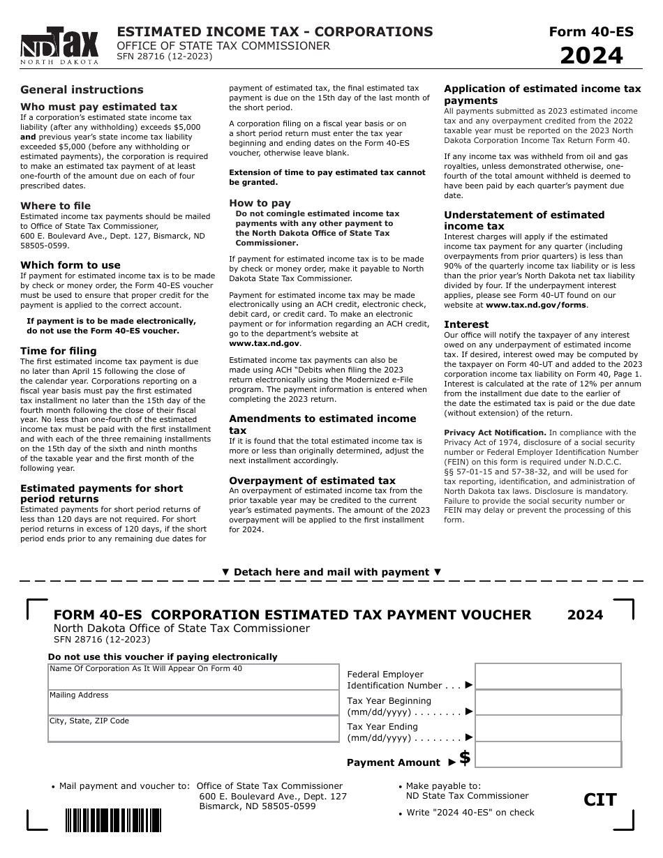 Form 40-ES (SFN28716) Estimated Income Tax - Corporations - North Dakota, Page 1