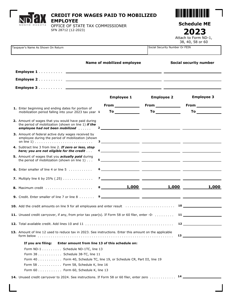 Form SFN28712 Schedule ME Credit for Wages Paid to Mobilized Employee - North Dakota, Page 1