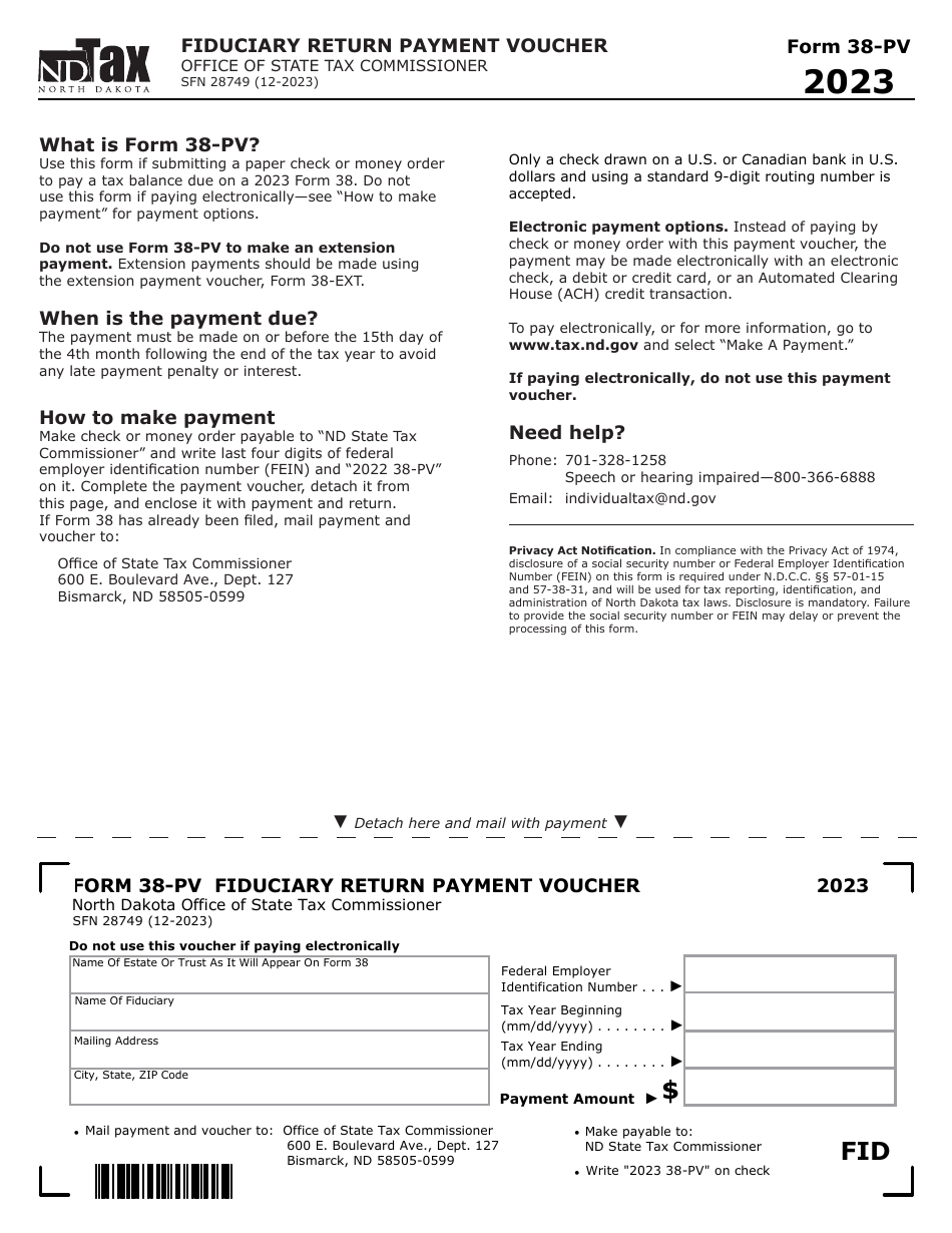 Form 38-PV (SFN28749) Fiduciary Return Payment Voucher - North Dakota, Page 1