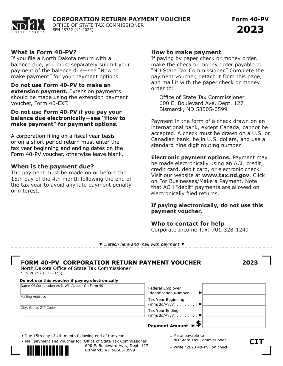 Form 40-PV (SFN28752) Corporation Return Payment Voucher - North Dakota, Page 1