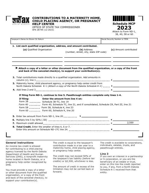 Form SFN28748 Schedule MCP Contributions to a Maternity Home, Child Placing Agency, or Pregnancy Help Center - North Dakota, 2023