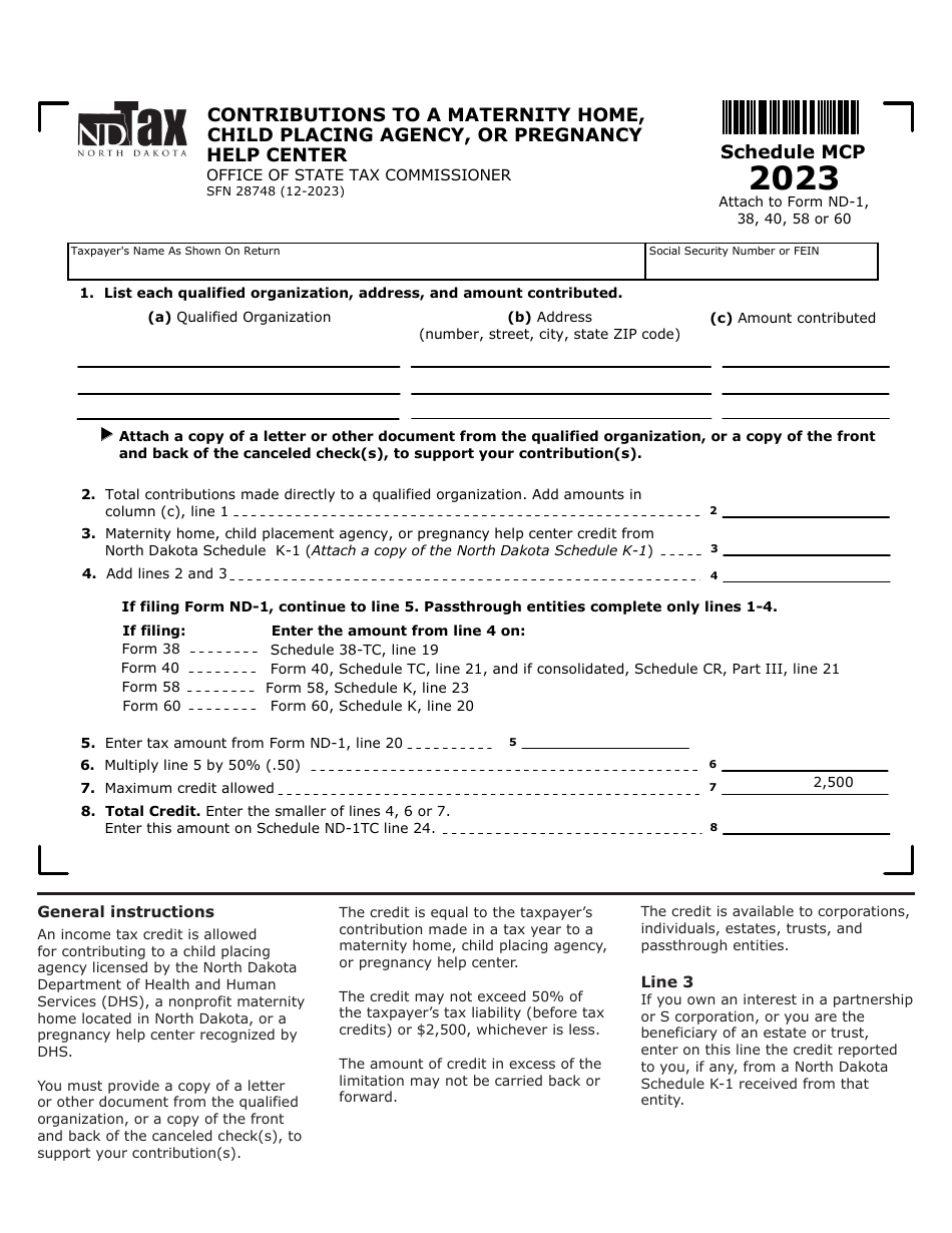 Form SFN28748 Schedule MCP Contributions to a Maternity Home, Child Placing Agency, or Pregnancy Help Center - North Dakota, Page 1