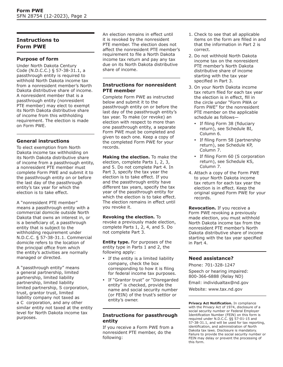 Form PWE (SFN28754) Download Fillable PDF or Fill Online Nonresident ...