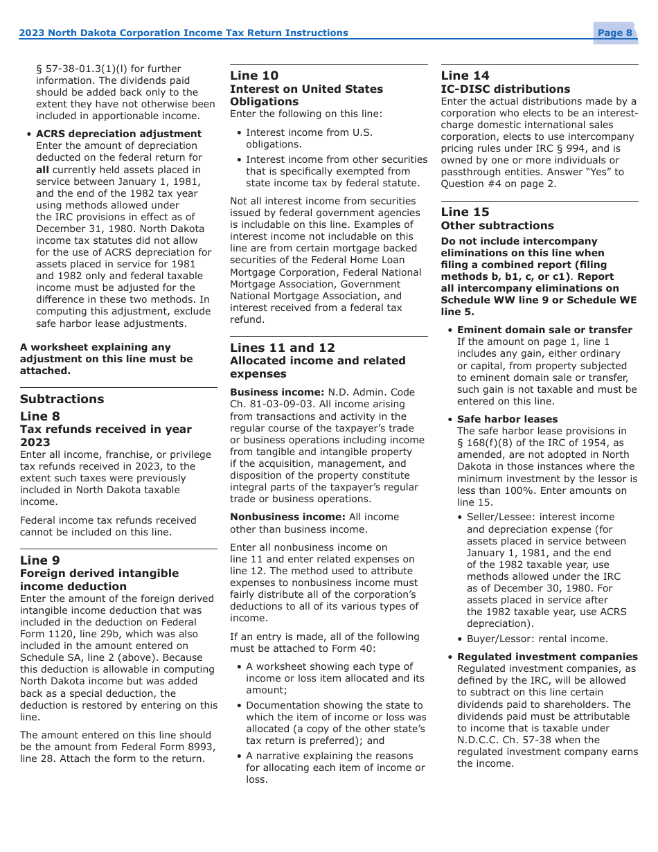 Instructions for Form 40, SFN28740 Corporation Income Tax Return - North Dakota, Page 11