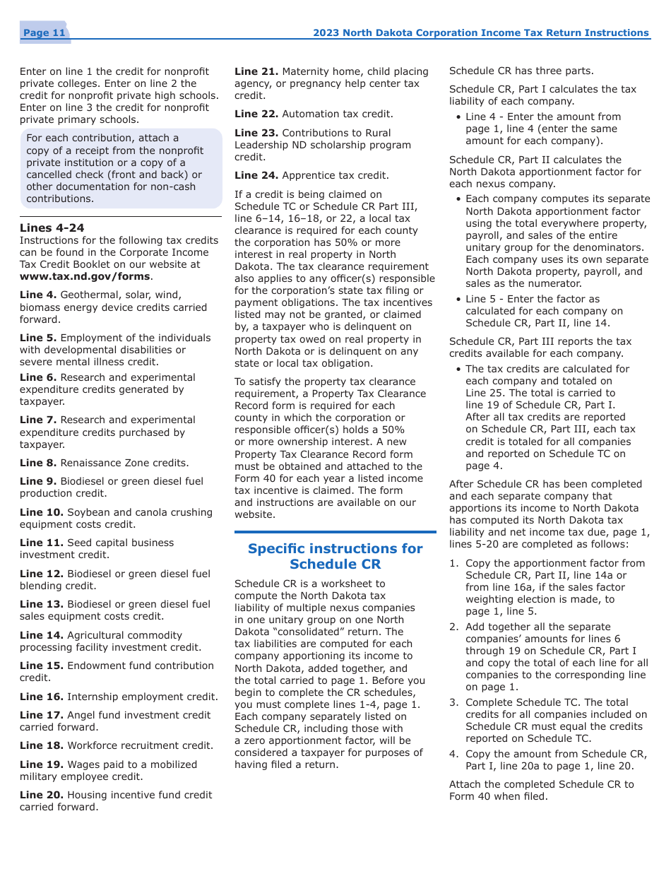Instructions for Form 40, SFN28740 Corporation Income Tax Return - North Dakota, Page 14