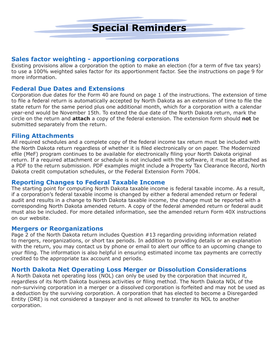 Instructions for Form 40, SFN28740 Corporation Income Tax Return - North Dakota, Page 3