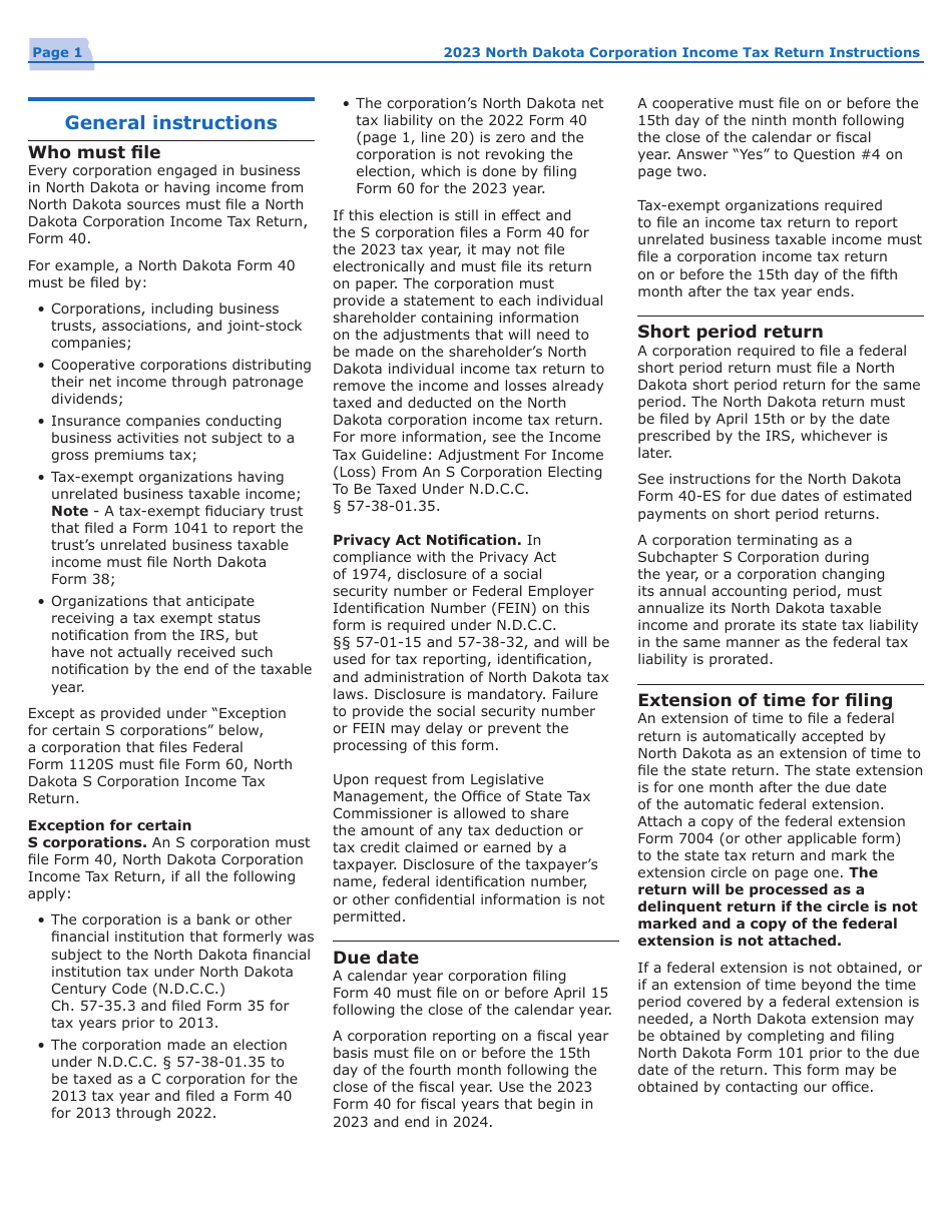 Instructions for Form 40, SFN28740 Corporation Income Tax Return - North Dakota, Page 4