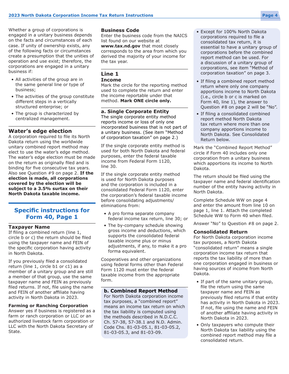 Instructions for Form 40, SFN28740 Corporation Income Tax Return - North Dakota, Page 7