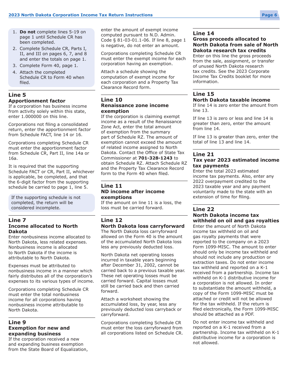 Instructions for Form 40, SFN28740 Corporation Income Tax Return - North Dakota, Page 9
