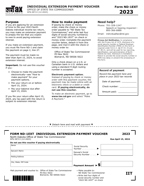 Form ND-1EXT (SFN28713) Individual Extension Payment Voucher - North Dakota, 2023