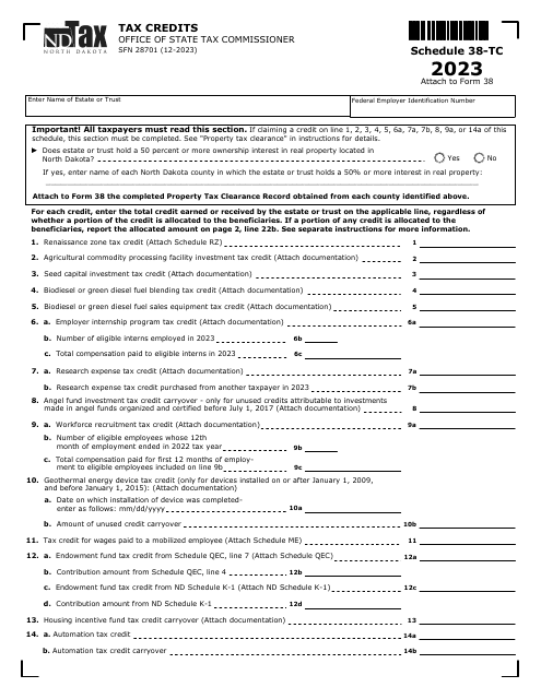 Form SFN28701 Schedule 38-TC Tax Credits - North Dakota, 2023