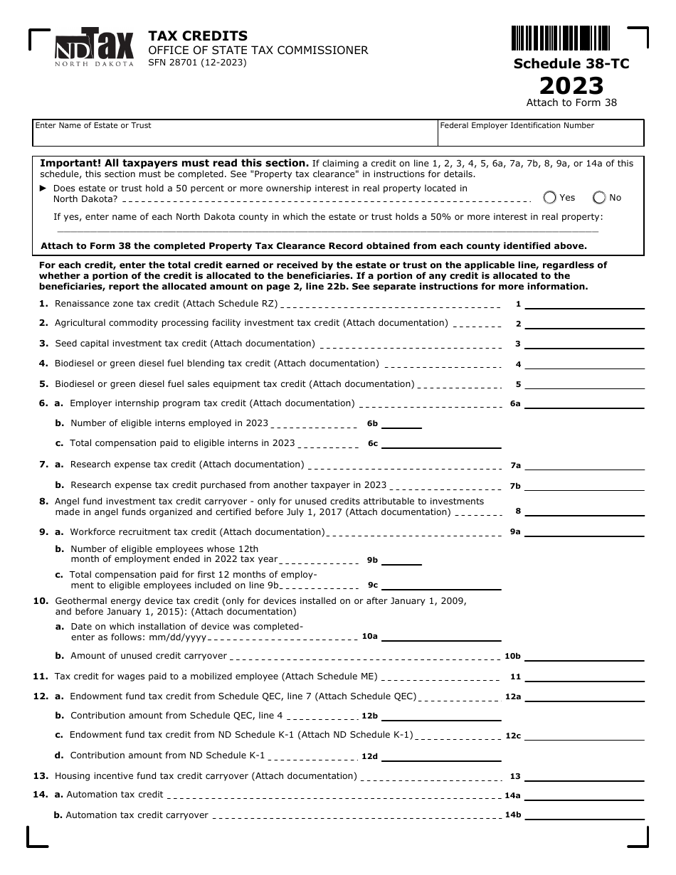 Form SFN28701 Schedule 38-TC Tax Credits - North Dakota, Page 1