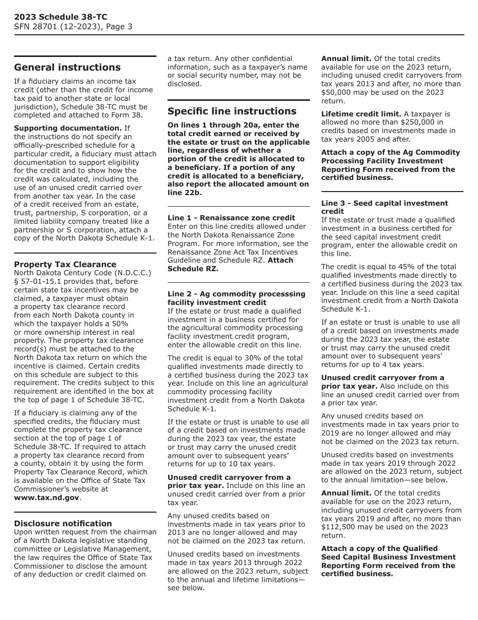 Form SFN28701 Schedule 38-TC Tax Credits - North Dakota, Page 3