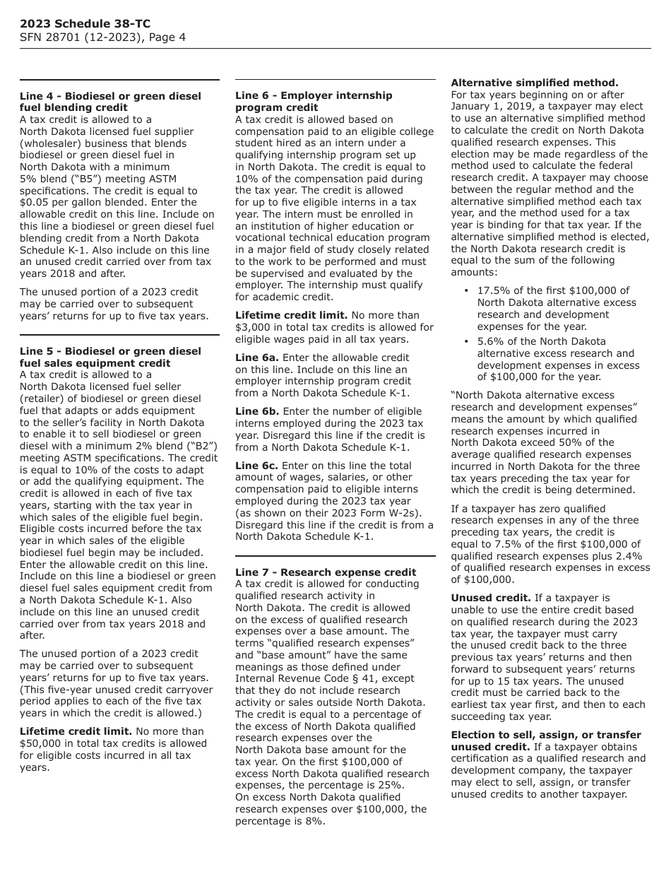 Form SFN28701 Schedule 38-TC Tax Credits - North Dakota, Page 4