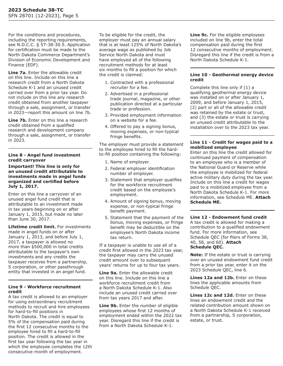 Form SFN28701 Schedule 38-TC Tax Credits - North Dakota, Page 5