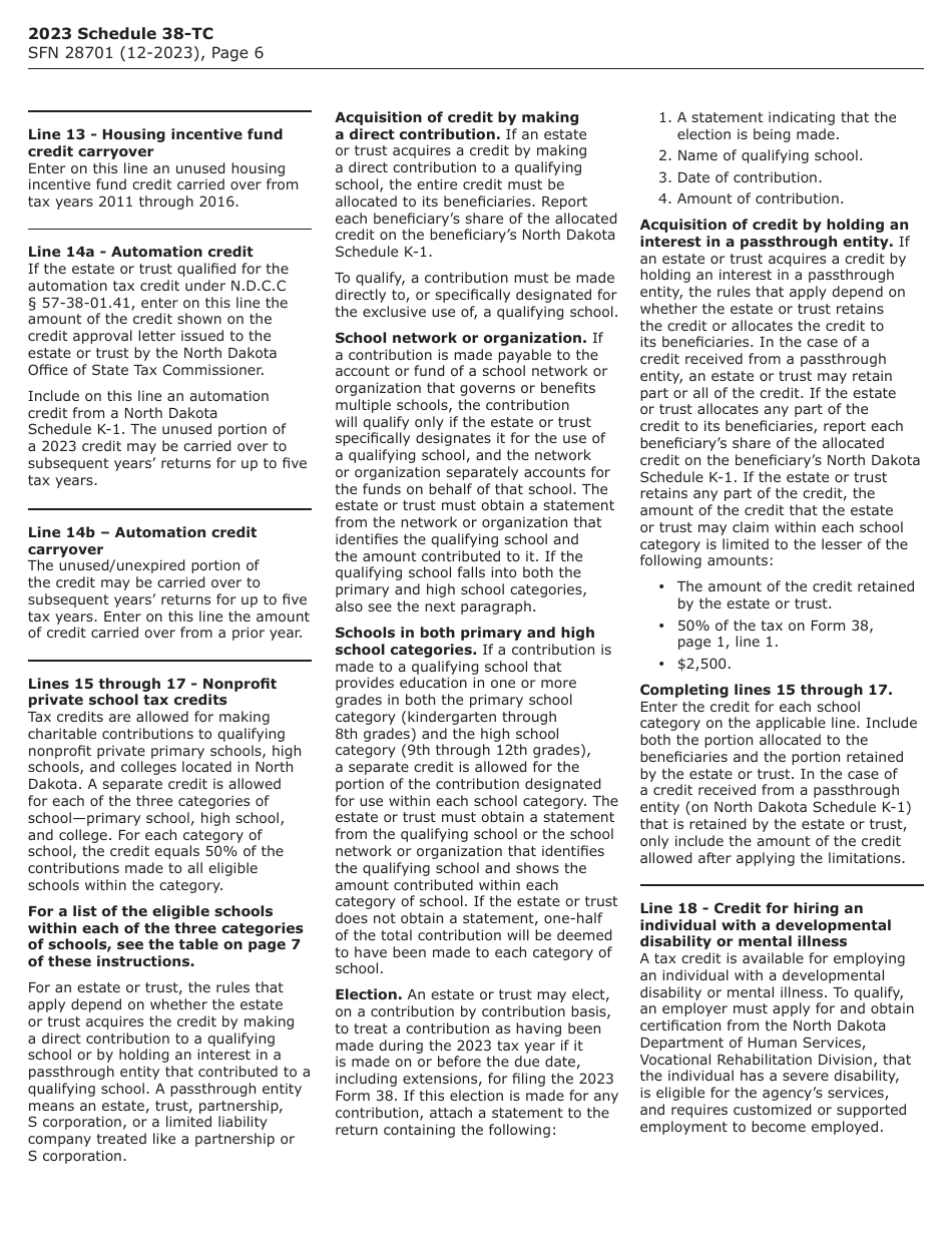 Form SFN28701 Schedule 38-TC Tax Credits - North Dakota, Page 6