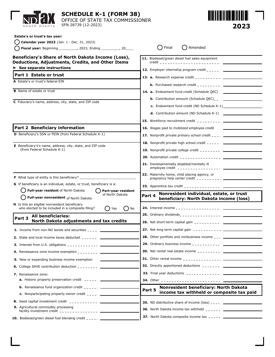 Form 38 (SFN28739) Schedule K-1 Beneficiarys Share of North Dakota Income (Loss), Deductions, Adjustments, Credits, and Other Items - North Dakota, Page 1
