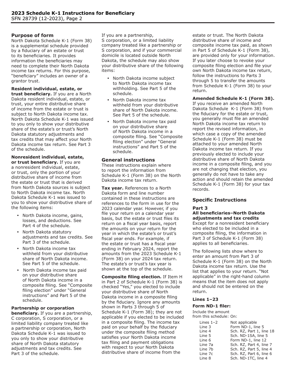 Form 38 (SFN28739) Schedule K-1 Beneficiarys Share of North Dakota Income (Loss), Deductions, Adjustments, Credits, and Other Items - North Dakota, Page 2
