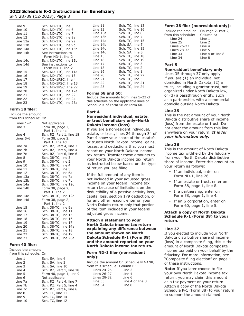 Form 38 (SFN28739) Schedule K-1 Beneficiarys Share of North Dakota Income (Loss), Deductions, Adjustments, Credits, and Other Items - North Dakota, Page 3