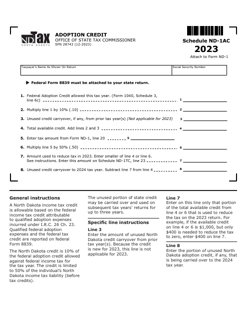 Form SFN28743 Schedule ND-1AC Adoption Credit - North Dakota, 2023