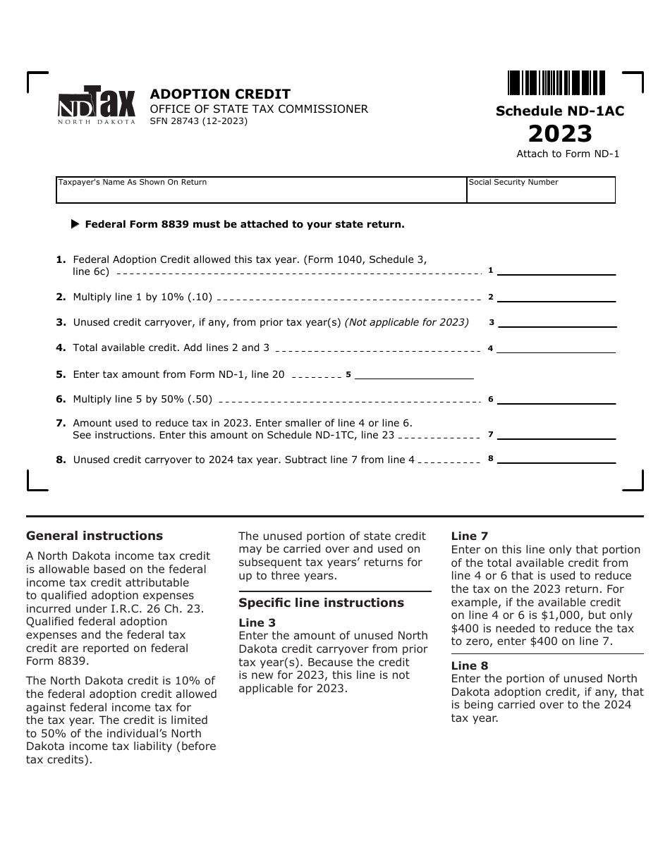 Form SFN28743 Schedule ND-1AC Adoption Credit - North Dakota, Page 1