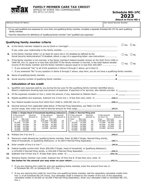 Form SFN28731 Schedule ND-1FC Family Member Care Tax Credit - North Dakota, 2023