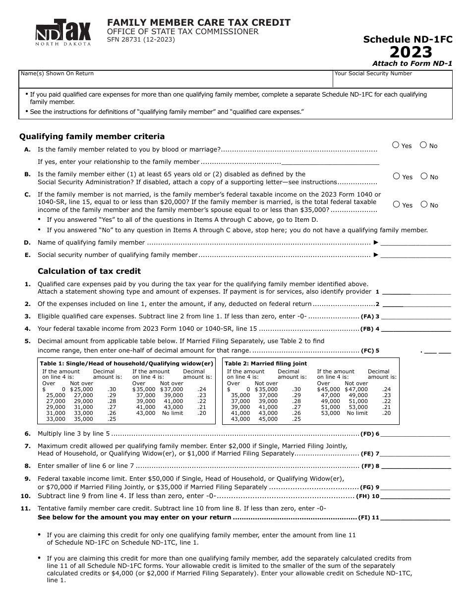 Form SFN28731 Schedule ND-1FC Family Member Care Tax Credit - North Dakota, Page 1