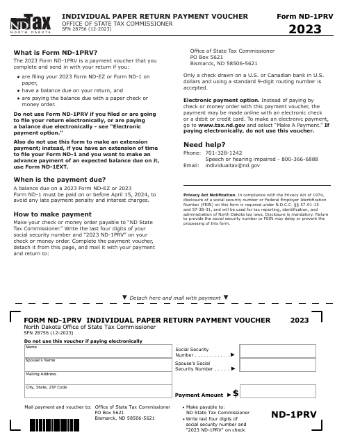 Form ND-1PRV (SFN28756) Individual Paper Return Payment Voucher - North Dakota, 2023