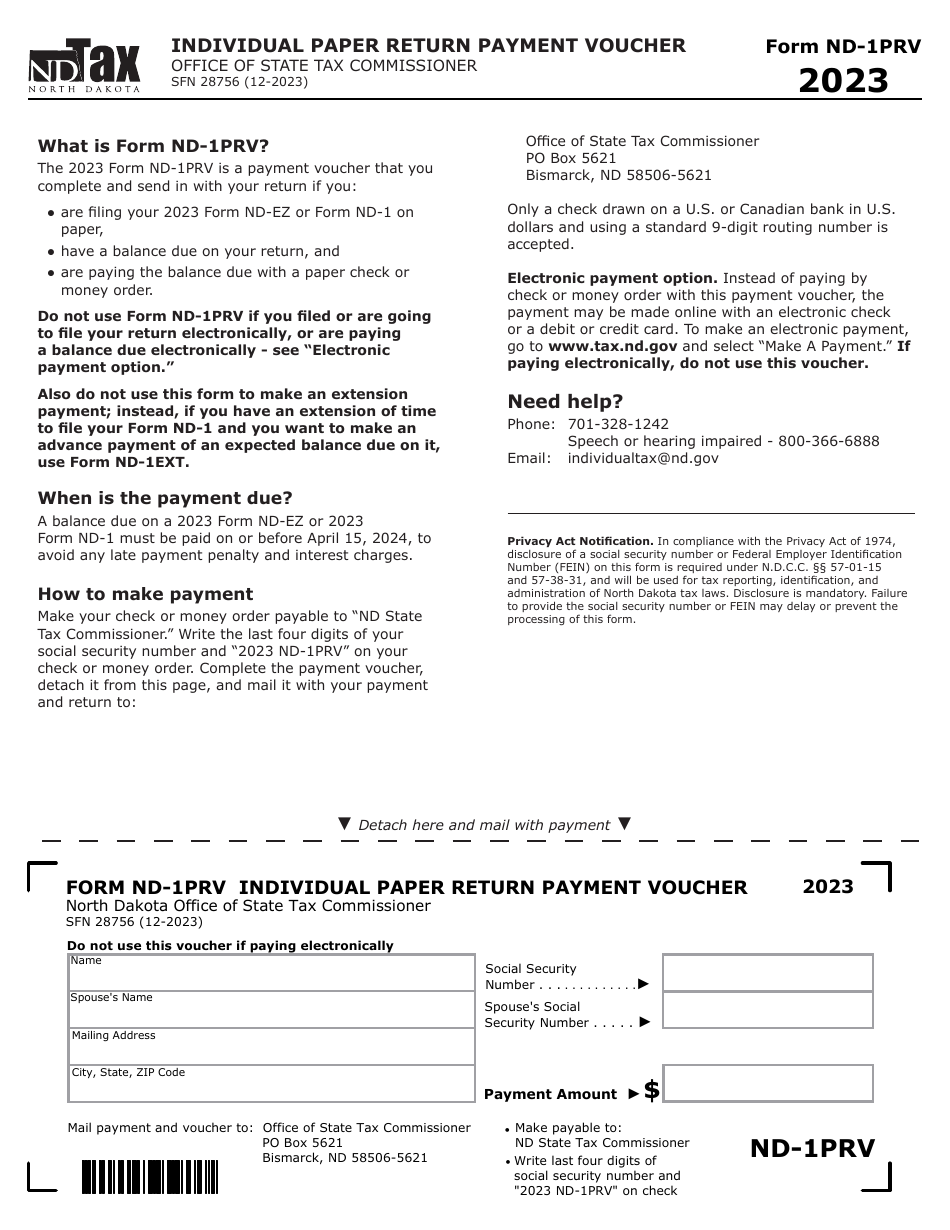 Form ND-1PRV (SFN28756) Individual Paper Return Payment Voucher - North Dakota, Page 1