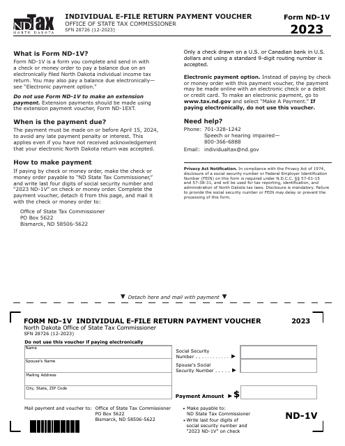 Form ND-1V (SFN28726) Individual E-File Return Payment Voucher - North Dakota, 2023