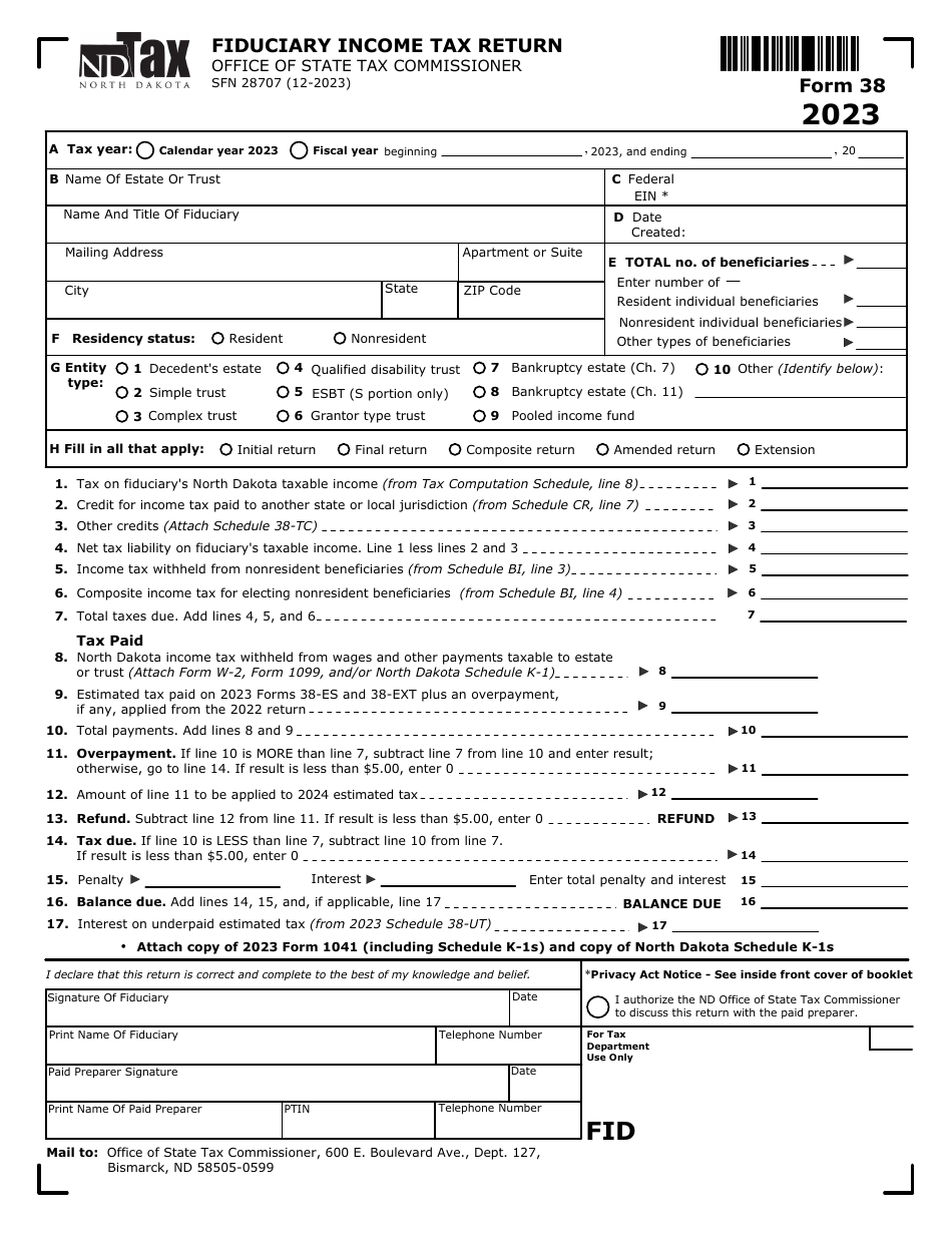 Form 38 (SFN28707) Fiduciary Income Tax Return - North Dakota, Page 1