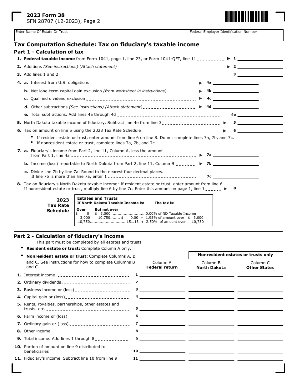 Form 38 (SFN28707) Fiduciary Income Tax Return - North Dakota, Page 2