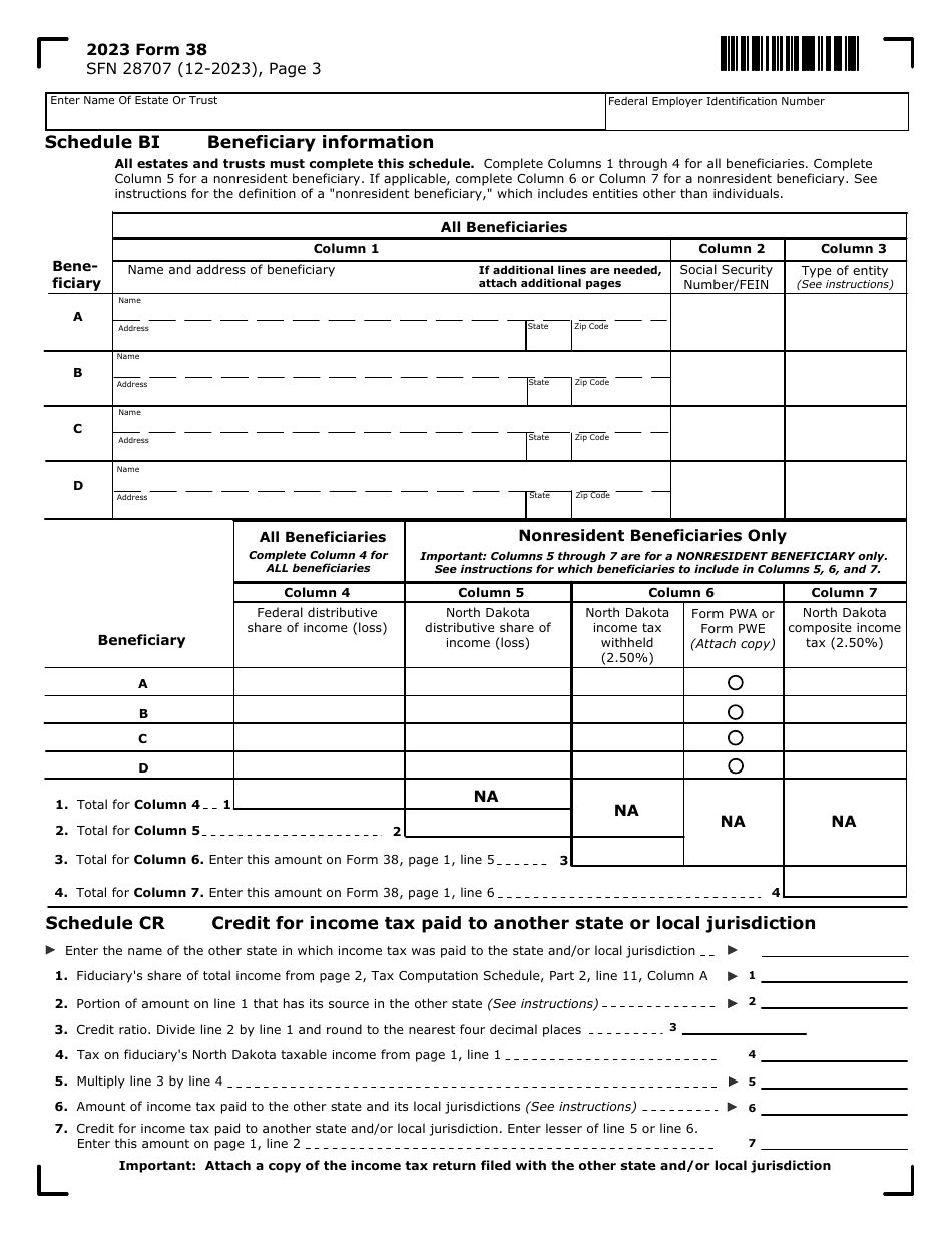 Form 38 (SFN28707) Fiduciary Income Tax Return - North Dakota, Page 3