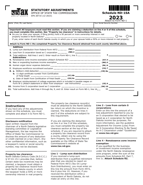 Form SFN28710 Schedule ND-1SA Statutory Adjustments - North Dakota, 2023