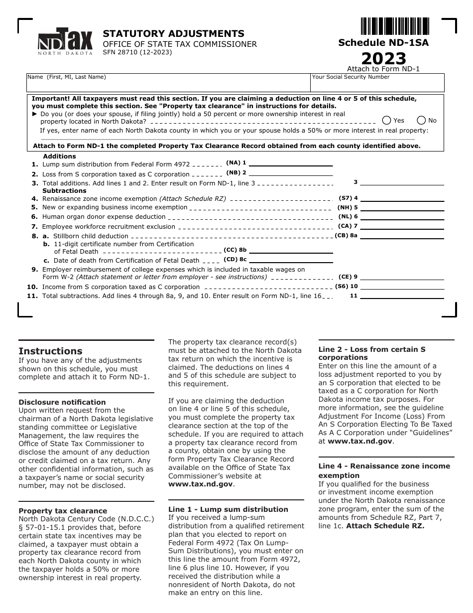 Form SFN28710 Schedule ND-1SA Statutory Adjustments - North Dakota, Page 1