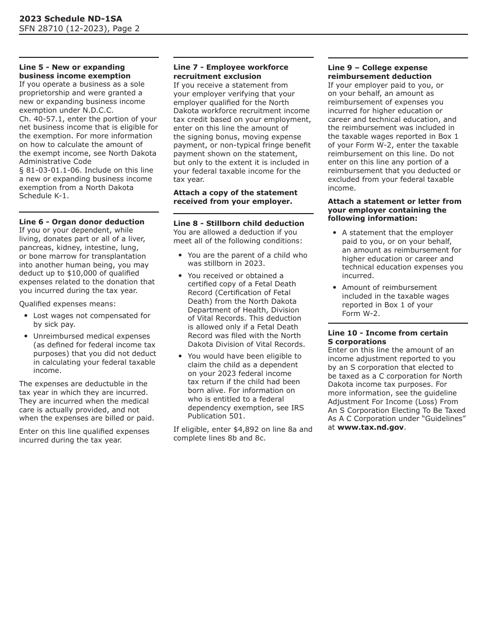 Form SFN28710 Schedule ND-1SA Statutory Adjustments - North Dakota, Page 2