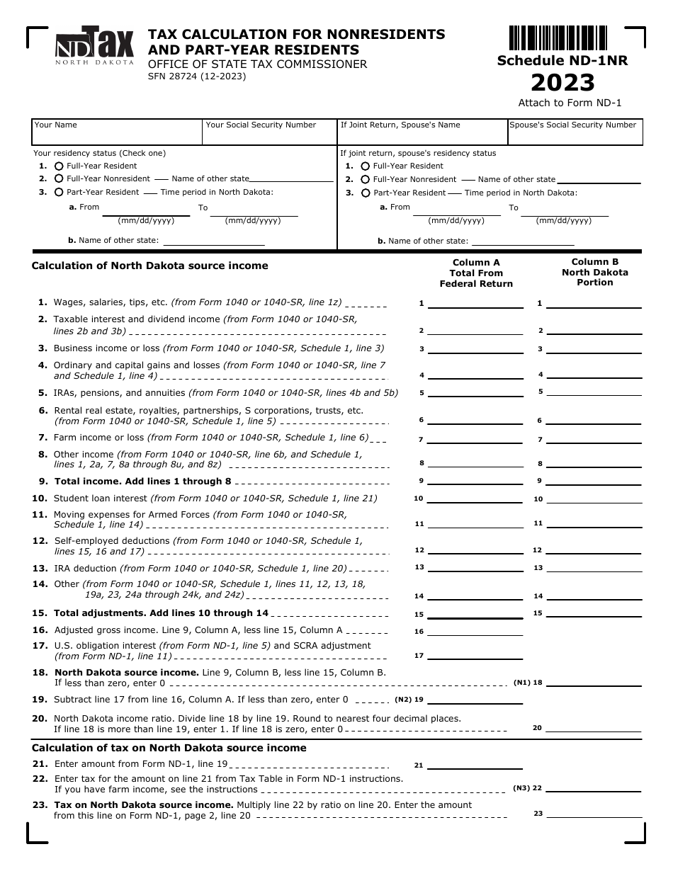 Form SFN28724 Schedule ND-1NR Tax Calculation for Nonresidents and Part-Year Residents - North Dakota, Page 1