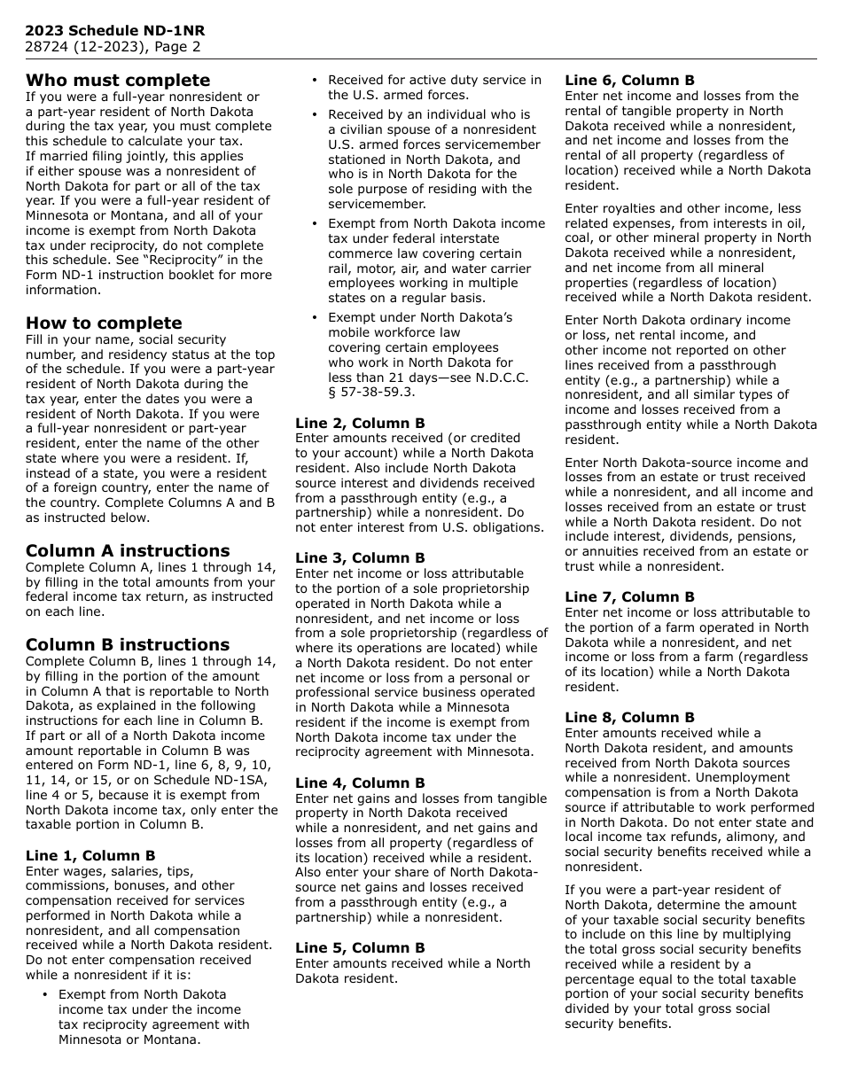 Form SFN28724 Schedule ND-1NR Tax Calculation for Nonresidents and Part-Year Residents - North Dakota, Page 2