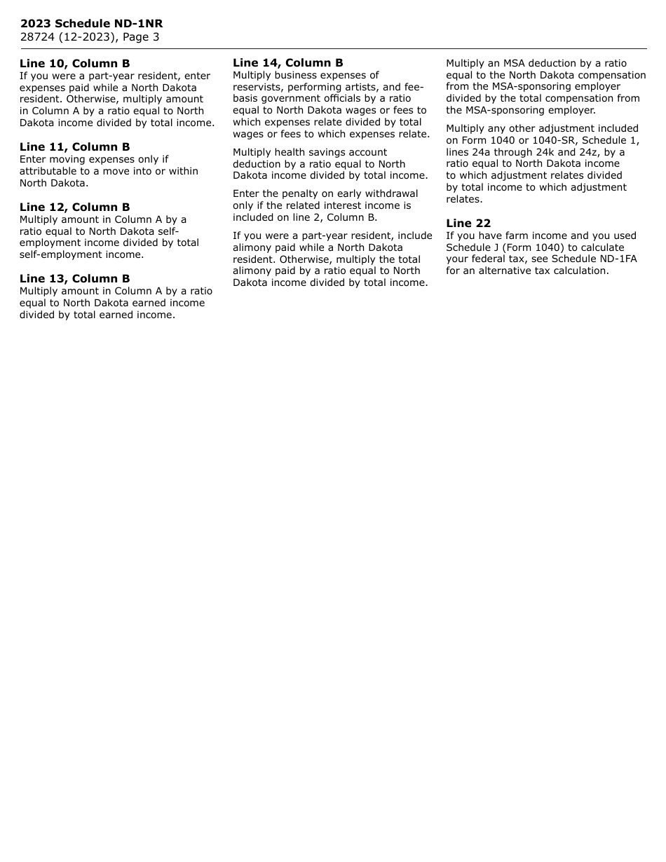 Form SFN28724 Schedule ND-1NR Tax Calculation for Nonresidents and Part-Year Residents - North Dakota, Page 3