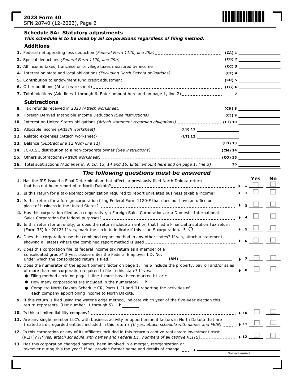 Form 40 (SFN28740) Corporation Income Tax Return - North Dakota, Page 2