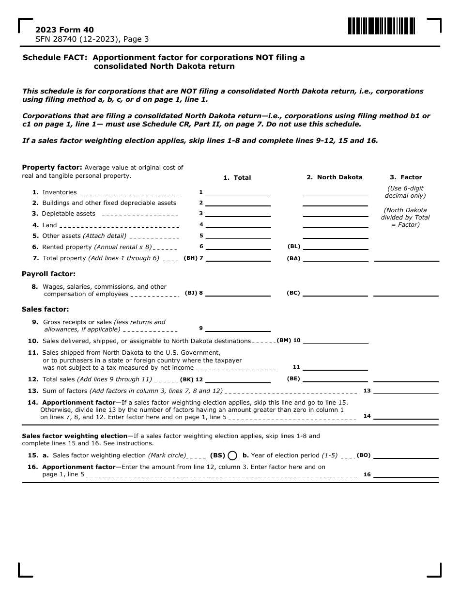 Form 40 (SFN28740) Corporation Income Tax Return - North Dakota, Page 3