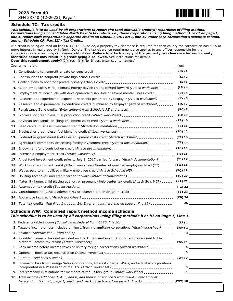 Form 40 (SFN28740) Corporation Income Tax Return - North Dakota, Page 4