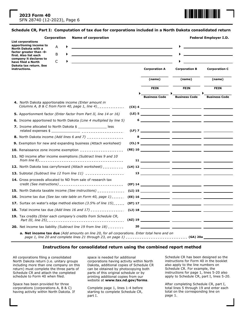 Form 40 (SFN28740) Corporation Income Tax Return - North Dakota, Page 6