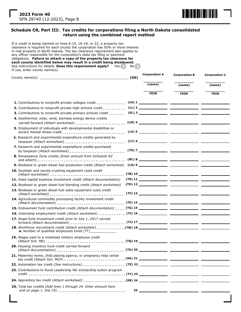 Form 40 (SFN28740) Corporation Income Tax Return - North Dakota, Page 8