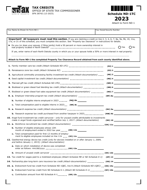 Form SFN28742 Schedule ND-1TC Tax Credits - North Dakota, 2023