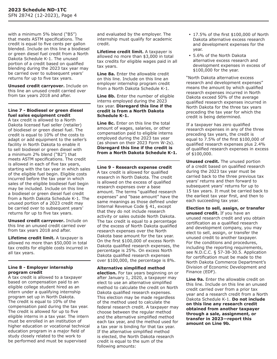 Form SFN28742 Schedule ND-1TC Tax Credits - North Dakota, Page 4