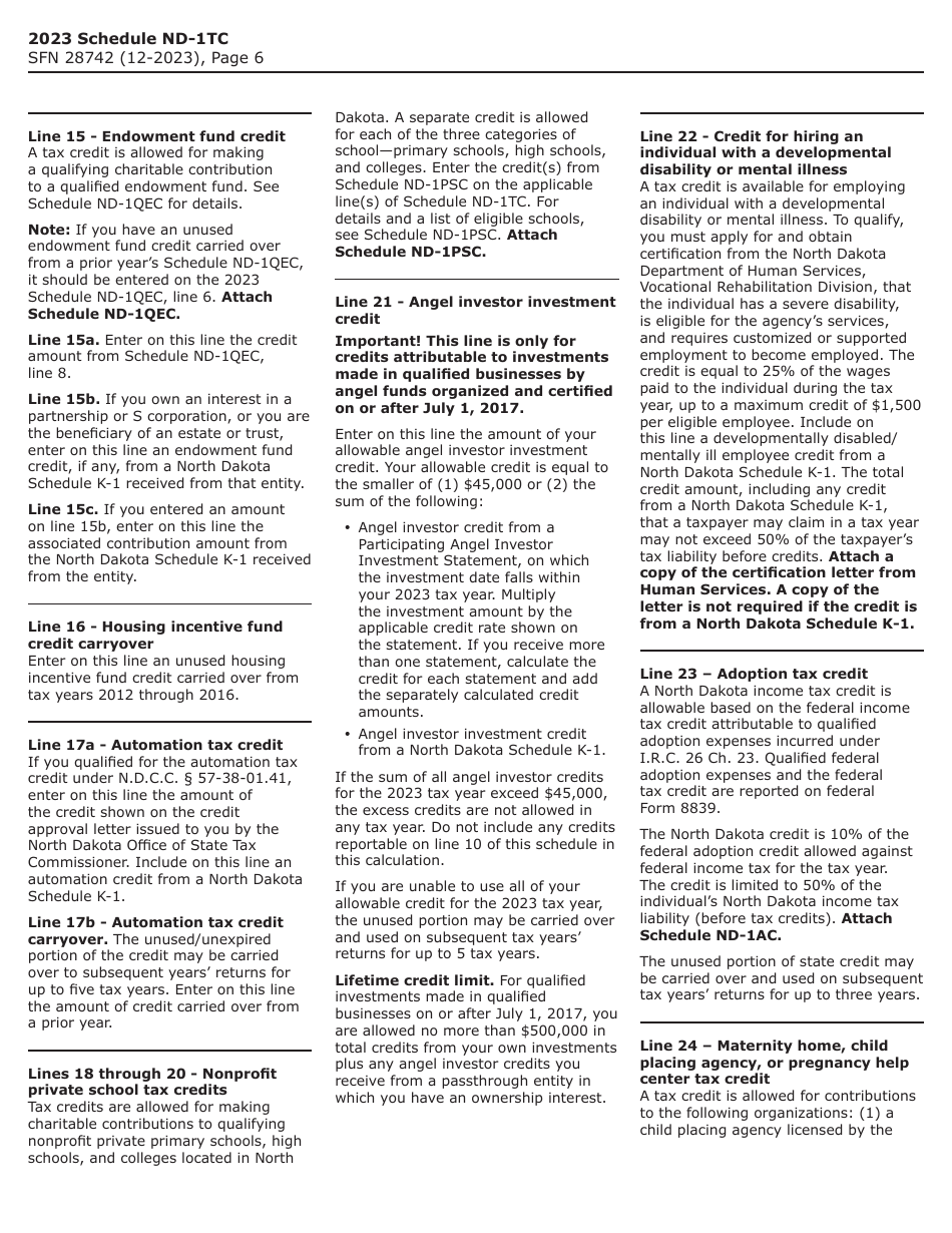 Form SFN28742 Schedule ND-1TC Tax Credits - North Dakota, Page 6