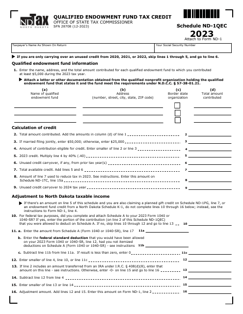 Form SFN28708 Schedule ND-1QEC Qualified Endowment Fund Tax Credit - North Dakota, 2023