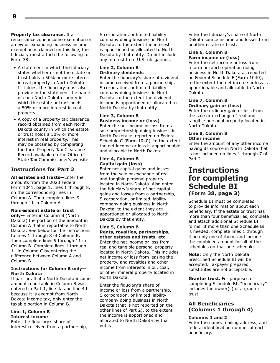 Instructions for Form 38, SFN28707 Fiduciary Income Tax Return - North Dakota, Page 10