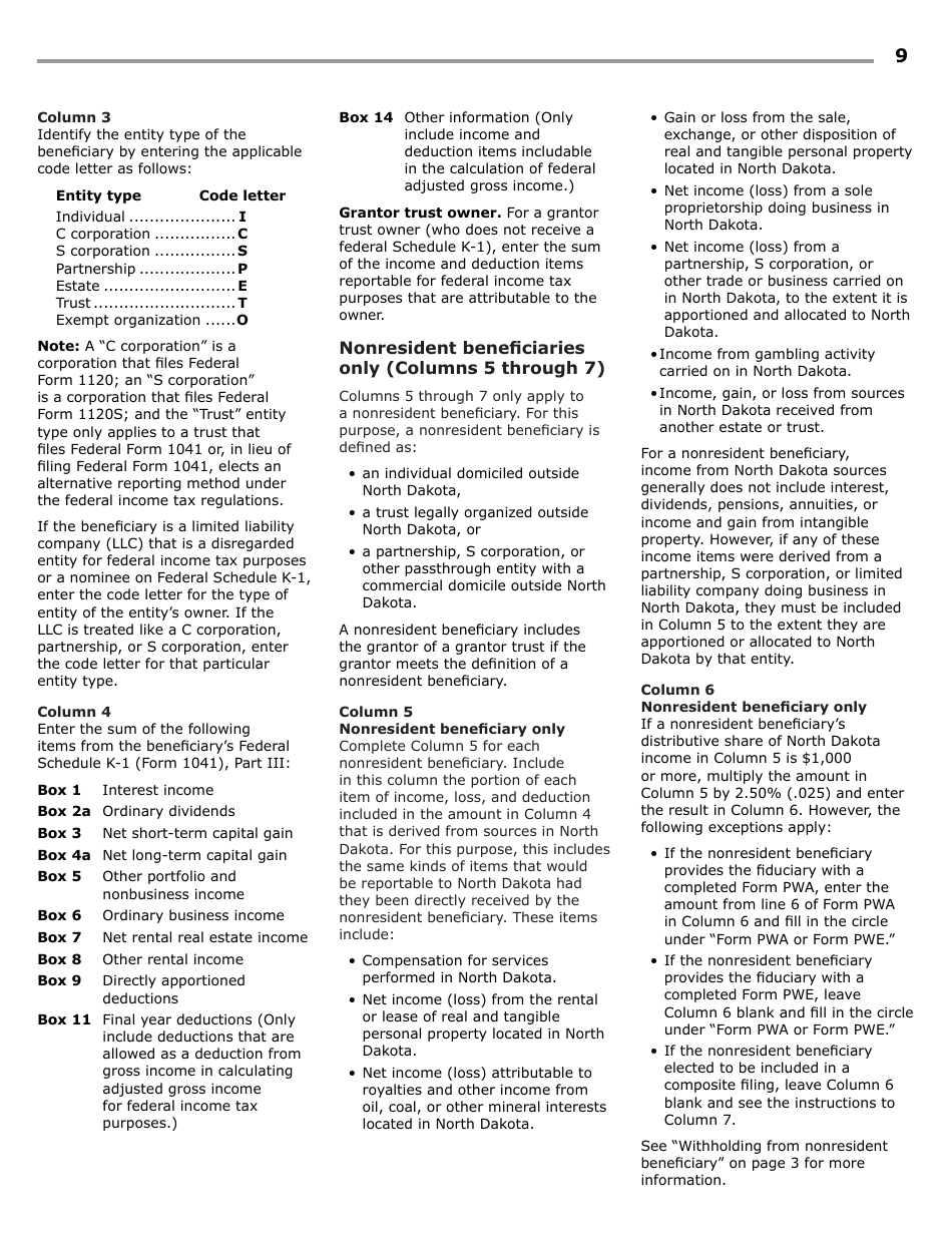 Instructions for Form 38, SFN28707 Fiduciary Income Tax Return - North Dakota, Page 11